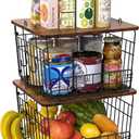 Delamu 2 Pack Stackable Fruit Basket, Pantry Organizer and Storage with Wood Top, Kitchen Counter, Cabinet Shelf Under Sink Organizing for Food Snack, Onion, Potato, Bread Storage, Produce