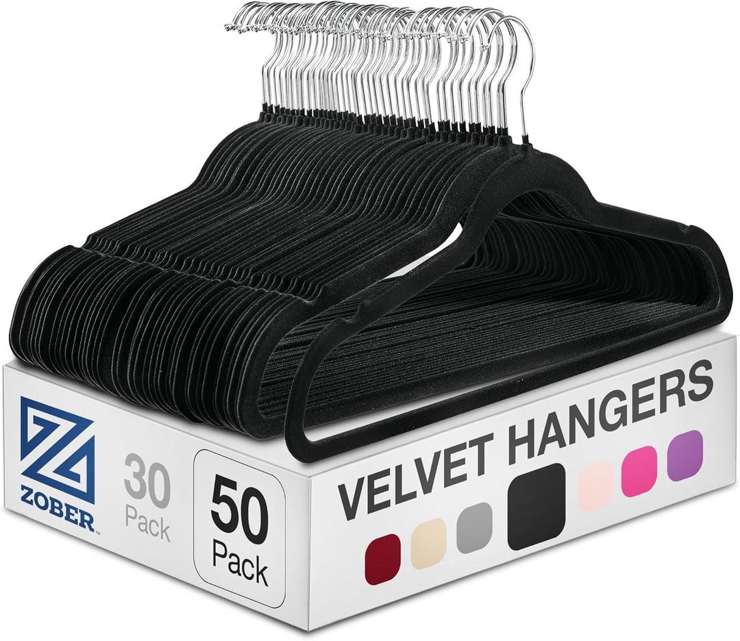 Zober Velvet Hangers 50 Pack - Heavy Duty Black Hangers for Coats, Pants & Dress Clothes - Non Slip Clothes Hanger Set - Space Saving Felt Hangers for Clothing (50 Pack, Black)
