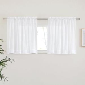 NICETOWN White Short Kitchen Curtains 30 inches Long, Dual Rod Pockets Soft Voile Sheer Elegant & Airy Small Window Treatments for Bedroom/Kitchen, 2 Panels, W60 x L30