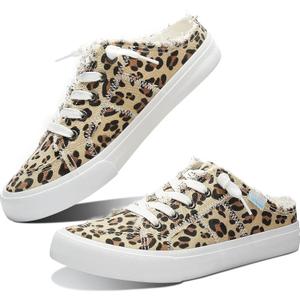Obtaom Women Canvas Mules Memory Foam Clipper Fashion Sneakers Comfortable Slip-On Mule Backless Holiday Shoes (8, Leopard Print)