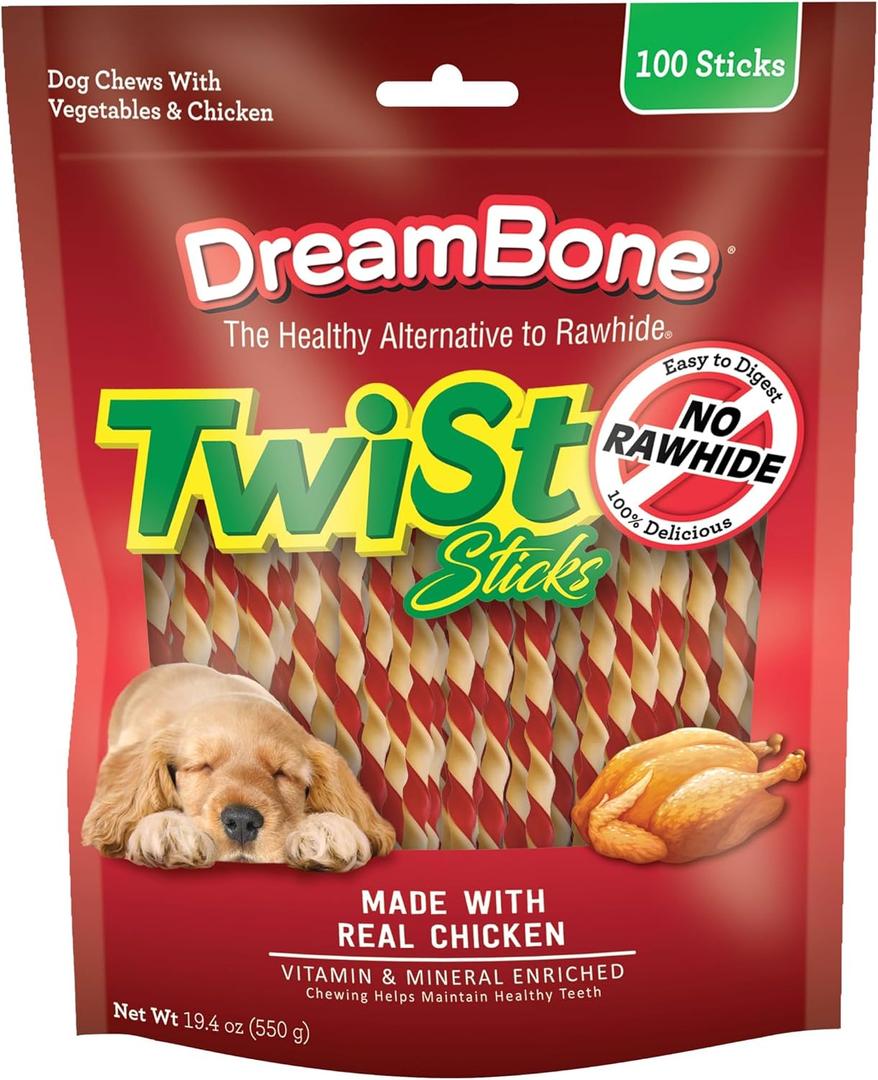 Dreambone Twist Sticks Rawhide Free Dog Chews, Made with Real Chicken, 100 Count (Pack of 1) (EXP 03/25/29)