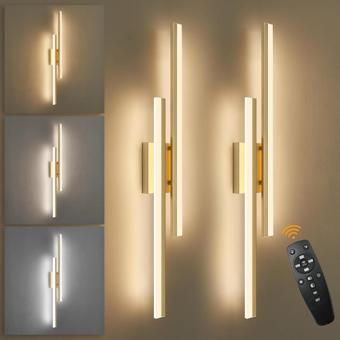 LED Wall Sconce Set of 2 Gold Remote Modern LED Vanity Lights Set of 2 Indoor Wall Light Fixtures for Living Room, Dimmable Wall Sconce for Bedside Bedroom Bathroom, 31.5inch 2 Pack, 32 inches