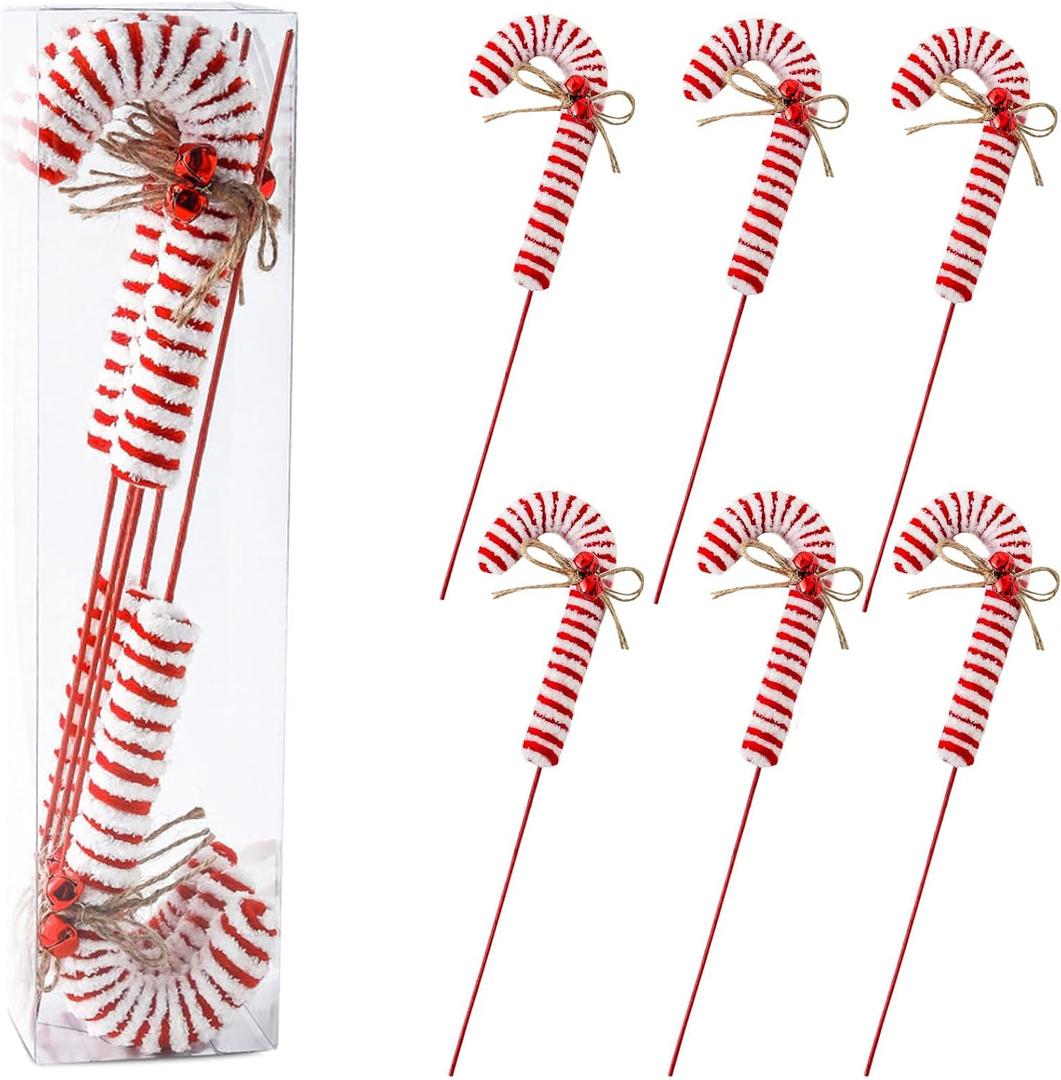 6Pcs Christmas Tree Decorations PicksRed White Woolen Candy Picks 14 Inch Xmas Tree Topper Ornaments for Christmas Wreath DIY Craft Home Vase Filler Party Supplies