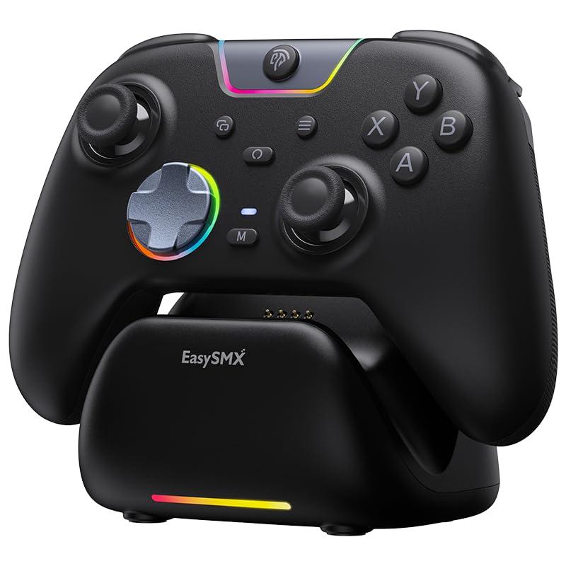 EasySMX X05Pro Wireless PC Gaming Controller with Smart Charging Dock – Full Quiet Buttons, Dual-Stage Linear Triggers, 8-Way D-Pad, Programmable Buttons, Hall Effect Joysticks, 1000mAh Long Battery Life, 1000Hz Polling Rate, Compatible with PC/Switch/Android/iOS, Black.
