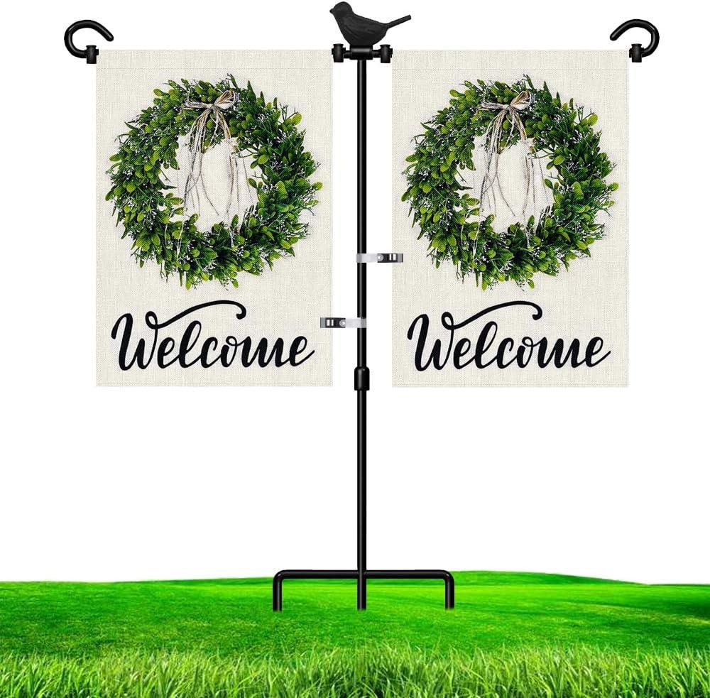 Garden Flag Stand Holder for Double Flags with Bird Garden Flag Stopper and Anti-Wind Clip 37H x 30W Black Wrought Iron Yard Season Flag Pole for 2 Flags Outdoor