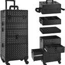 Makeup Train Case with Drawer, Rolling Makeup Case, Cosmetology Case on Wheels, Gift, Large Makeup Case Organizers, Professional for Salon Barber, Nail, Tattoo, Black