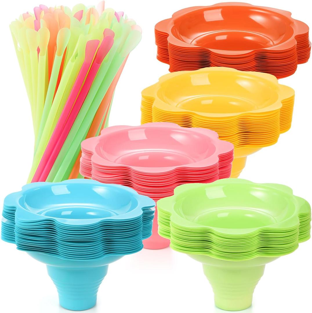 ZENFUN 200 pcs Colorful Flower Snow Cone Cups with Spoon Straws, 8 oz Snow Cone Bowl, Plactic Leak proof Snow Cone Supply, Ice Cream Bowls, Shaved Ice Drip Cups for Holiday Party
