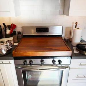Acacia Stove Top Cover for Gas Burners & Electric Stove, Noodle Board Stove Cover with Wavy Handles, Wooden Stovetop Cutting Board with Juice Grooves, Serving Tray 30"L x 22"W x 2.5"H