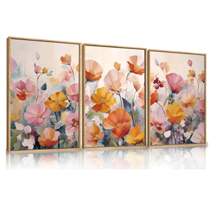 Colorful Pink Wildflowers Framed Canvas Wall Art Set,Modern Boho Floral Wall Decor,Mid Century Natural Botanical Artwork for Living Room,Bedroom,Office Decor-16 x24 x3