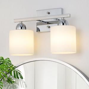 Stainless Steel Milk Glass Bathroom Vanity Light Over Mirror, 2 Light Silver Chrome Bathroom Light Fixtures with Frosted Glass, Modern Vanity Lighting Wall Mount, Silver Chrome