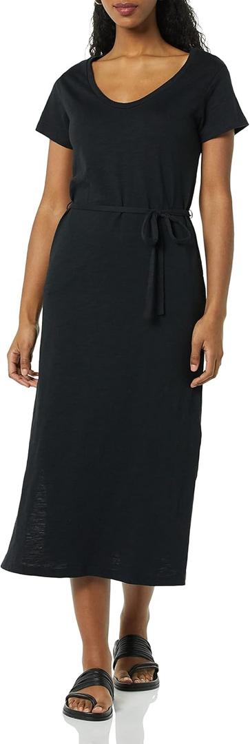 Amazon Essentials Women's Short Sleeve Belted Midi T-Shirt Dress (Large, Black)