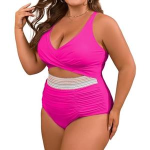 B2prity Women's Plus Size One Piece Swimsuit Tummy Control V Neck Bathing Suit Ruched High Waisted Cutout Swimwear XL