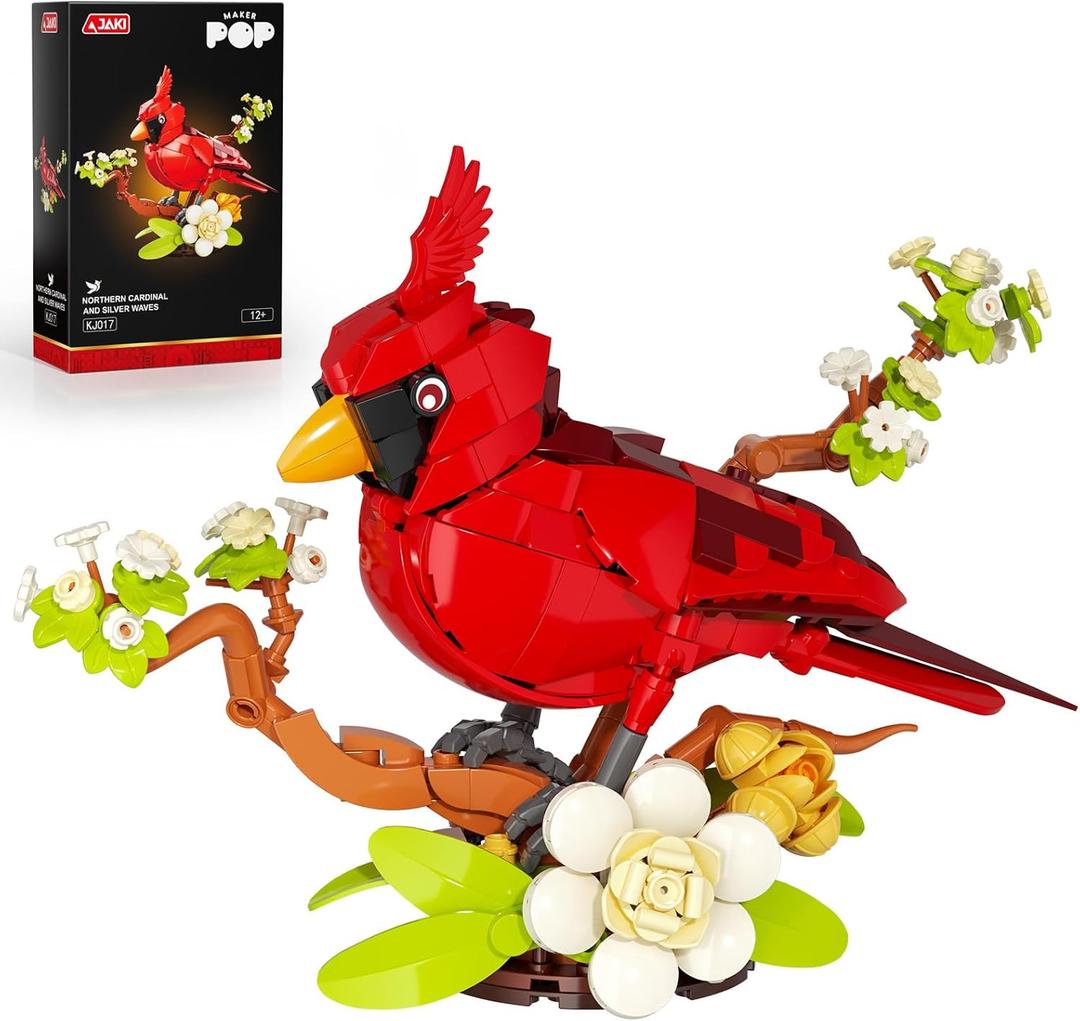 JAKI Northern Cardinal Building Set, Red Birds with Flower Camellia for Adults, Red Cardinal Model for Bird Lovers, Nature Dcor Gifts for Display
