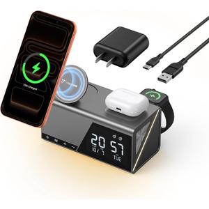 TobenONE 6-in-1 Alarm Clock Wireless Charging Station for Apple Devices, Night Light, Nightstand, MagSafe Magnetic Phone Charger, Fast Charging for iPhone 17 16 15 14 13 Pro Max, Apple Watch, AirPods