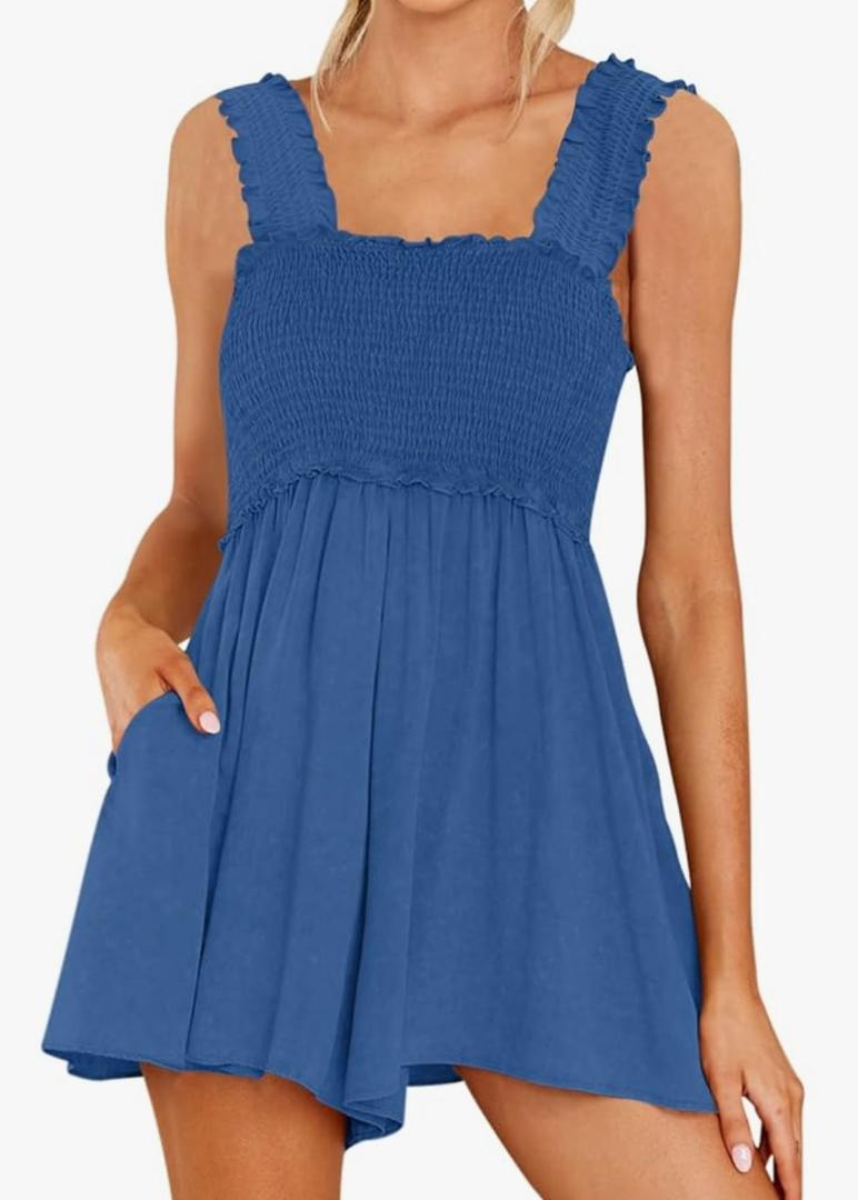 DEEP SELF Women Summer Sleeveless Romper Square Collar Ruffle Straps Flowy Short Jumpsuit with Pockets, XL