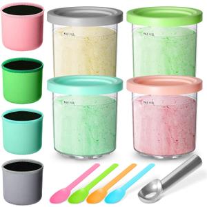 Containers Replacement for Ninja Creami Pints and Lids, 16oz Ice Cream Cups Compatible with Ninja Creami NC299AMZ NC300s Series Maker, for Ninja Ice Cream with Insulated Sleeves(4 Pack)