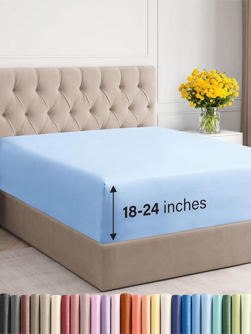 Extra Deep Queen Fitted Sheet - Hotel Luxury Single Fitted Sheet Only - Easily Fits 18 inch to 24 inch Mattress - Ultra Soft, Wrinkle & Fade Free w/Extra Deep Pocket - Breathable & Comfy - Light Blue (19 - Baby Blue)