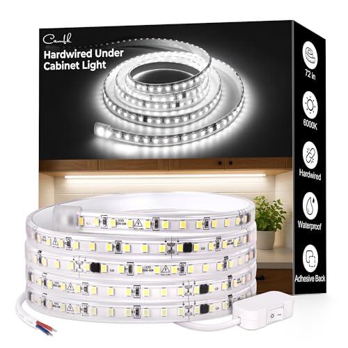 cambk 72inch Hardwired Under Cabinet Lighting for Kitchen,120V Wired Undercounter Led Strip Lights 6000K White Waterproof, Luces para Cocina Bajo Gabinete Under Shelf Lights for Sink/Workbench
