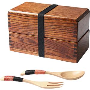 AOOSY Wood Bento Box, Lunch boxes, Japanese Traditional Natural Square Wooden Lunch Containers Women's Men's Adult Wood Bento Box with Spoon Fork kit
