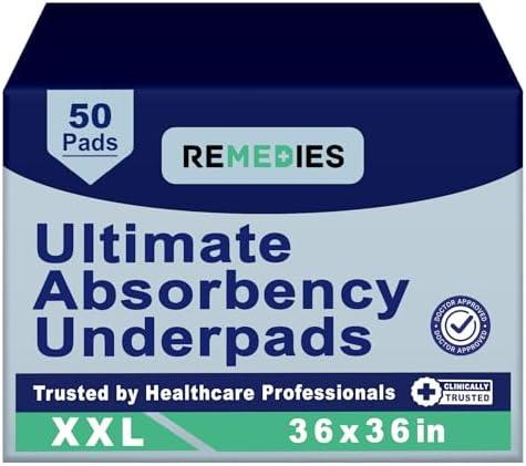 Remedies Extra Large Incontinence Bed Pads (36" x 36", 50 Count) - Super Absorbent Disposable Chux Underpads for Adults, Seniors, Kids, Puppies, Dogs & Furniture Protection