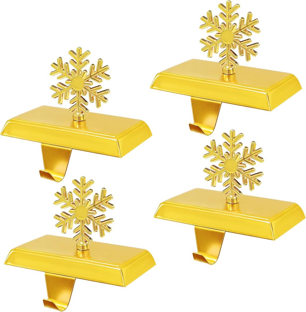 MNKXL Set of 4 Metal Christmas Stocking Holders for Mantle,Heavy Duty Weighted Stocking Holders for Mantle,Gold 3D Snowflake Stocking Holder for Tables Window Fireplace Christmas Decorations