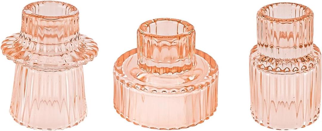 Double Sided Vintage Ribbed Taper Glass Candle Holders,Tea Candle Holder for Table Centerpieces, Wedding Decorations and Dinner Parties (Orange Pink, 3 PCS)