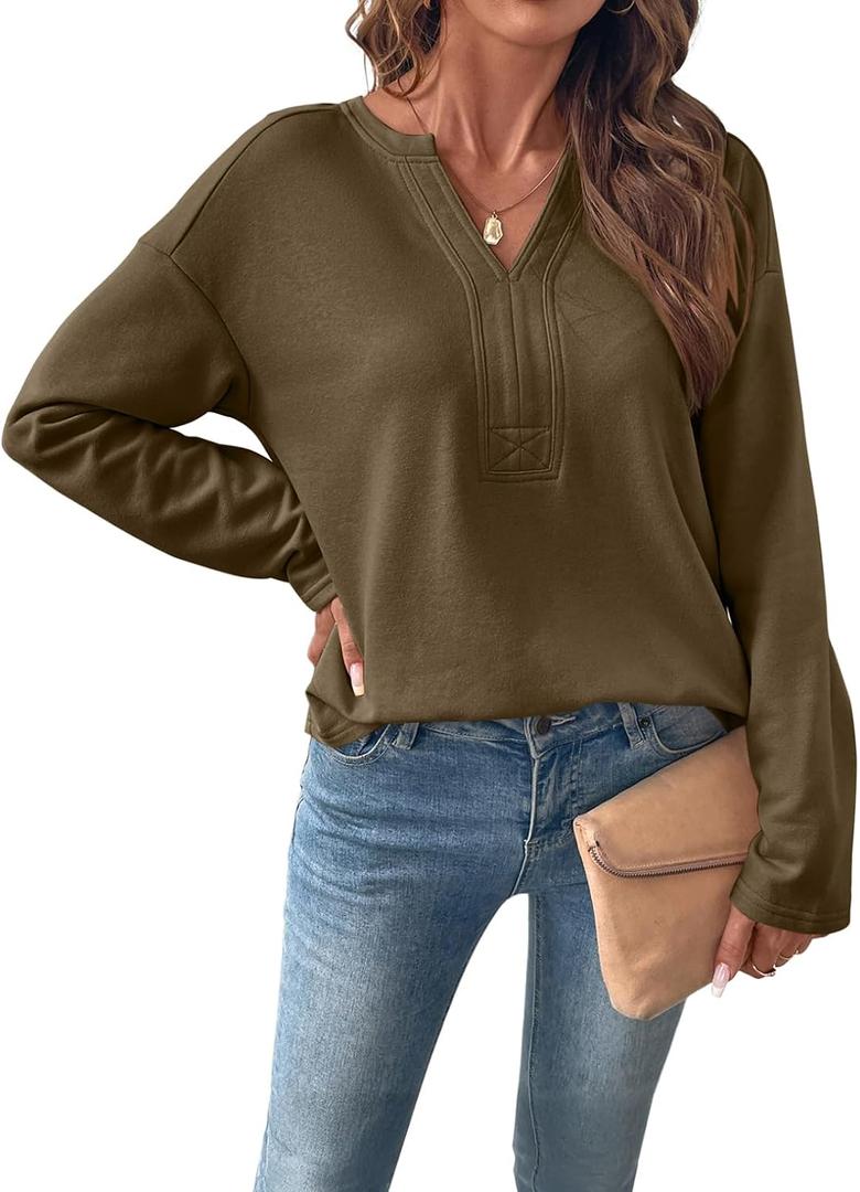 SHEWIN Womens Casual V Neck Sweatshirt Long Sleeve Lightweight Drop Shoulder Solid Pullover Tops (Green, M)
