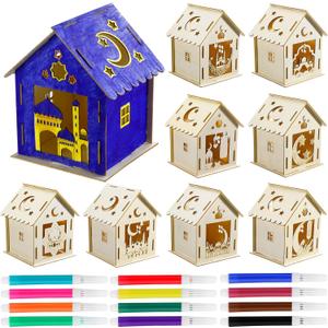 Wenqik 9 Pcs Eid Mubarak Wooden House with 12 Watercolor Pens DIY Graffiti Crafts Ramadan Decorations Wooden Eid Houses for Kids Paint Project Party Supplies Decorations