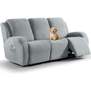 VANSOFY Recliner Couch Cover, 8-Pieces Stretch Recliner Sofa Cover Soft Jacquard Reclining Slipcover Furniture Protector with Elastic Bottom for Kid, Pets(3 Seat,Light Gray)