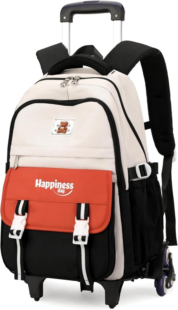 Rolling Backpack for Girls Elementary Middle School Bags, Girls Backpack for Kids with 6 Wheels, Black+Orange