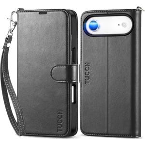 TUCCH Wallet Case for iPhone Air (6.5") 2025, Wrist Strap RFID Blocking 4 Card Slots, Kickstand, Shockproof TPU Shell, PU Leather, Magnetic Closure, Protective Flip Folio Cover, Black
