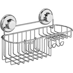 Shower Caddy Suction Cup, Shower Shelf with Soap Dish and Hooks Organizer, Suction Bathroom Shelf for Storage, Wall Mounted Basket, Silver