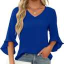 Chiffon Blouses for Women Ruffle 3/4 Sleeve Dressy V Neck Casual Flowy Tunic Tops, L