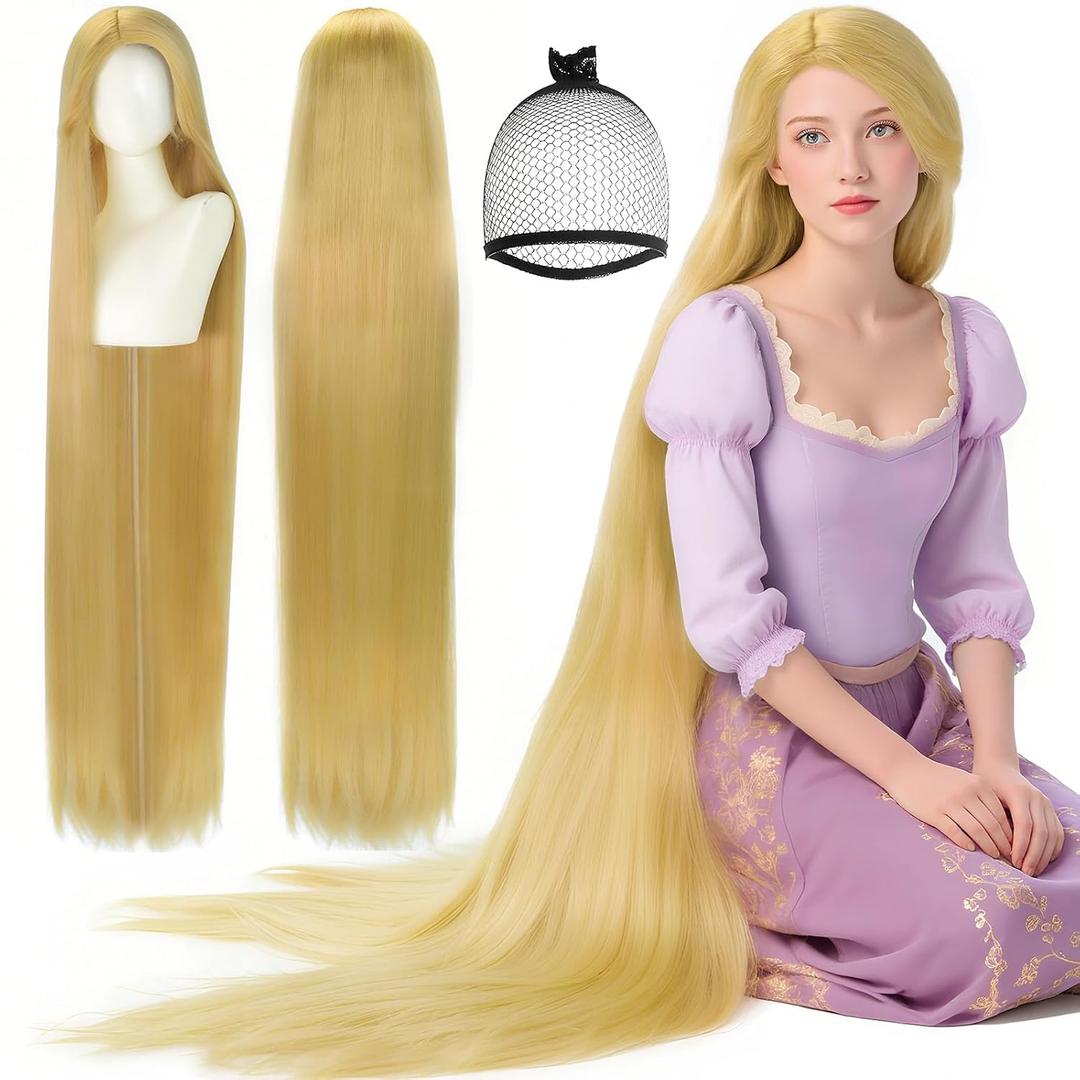 ANOGOL Hair Cap+ 160 cm / 62 inch Long Blonde Straight Wig Women Cosplay Princess Wig Blonde Anime Wigs Blond Synthetic Hair Halloween Party Costume Outfit