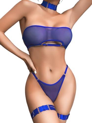 Kaei&Shi Sheer Mesh Lingerie Set, Sexy Bra And Panty 4PC, Strapless Choker (Size M)