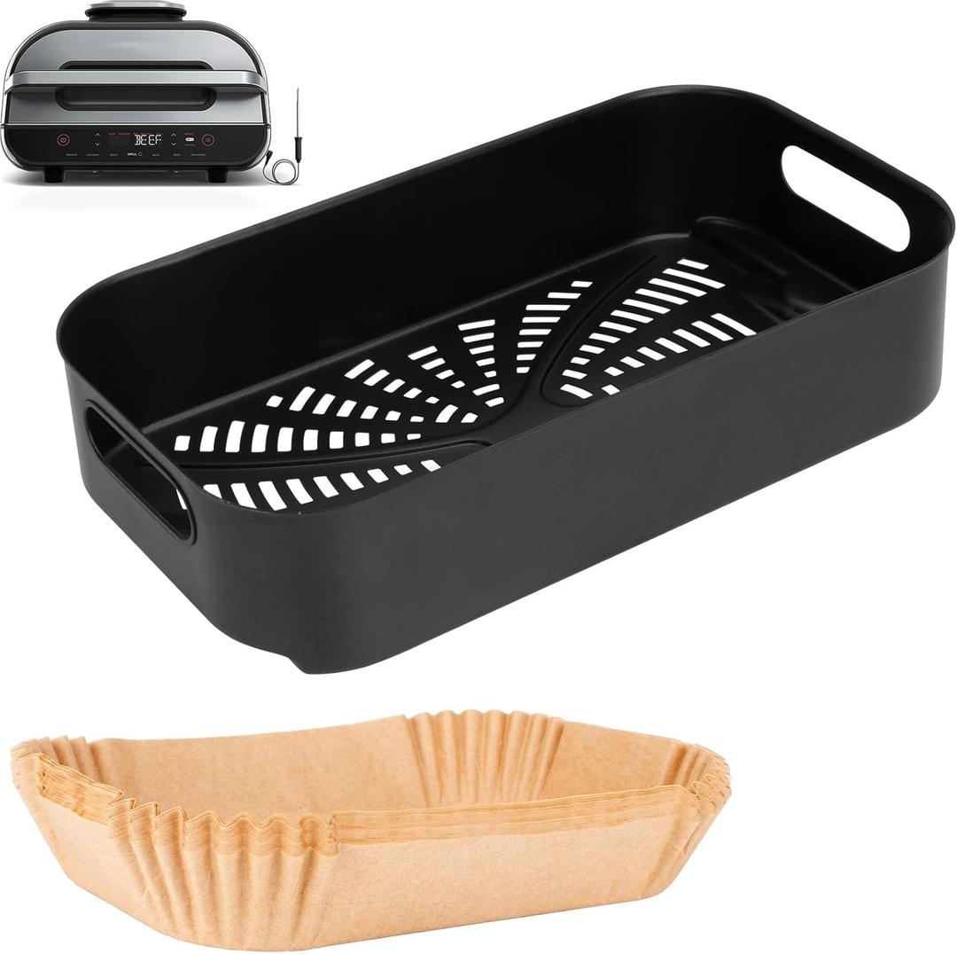 Foodi XL Grill Combo Crisper Basket for Ninja FG551 Foodi Indoor Grill, Non-Stick Air Fryer Basket for Ninja Air Fryer Grills DG551/DG651 Accessories, with 100 Packs Disposable Parchment Paper Liners (Yellow & Black)