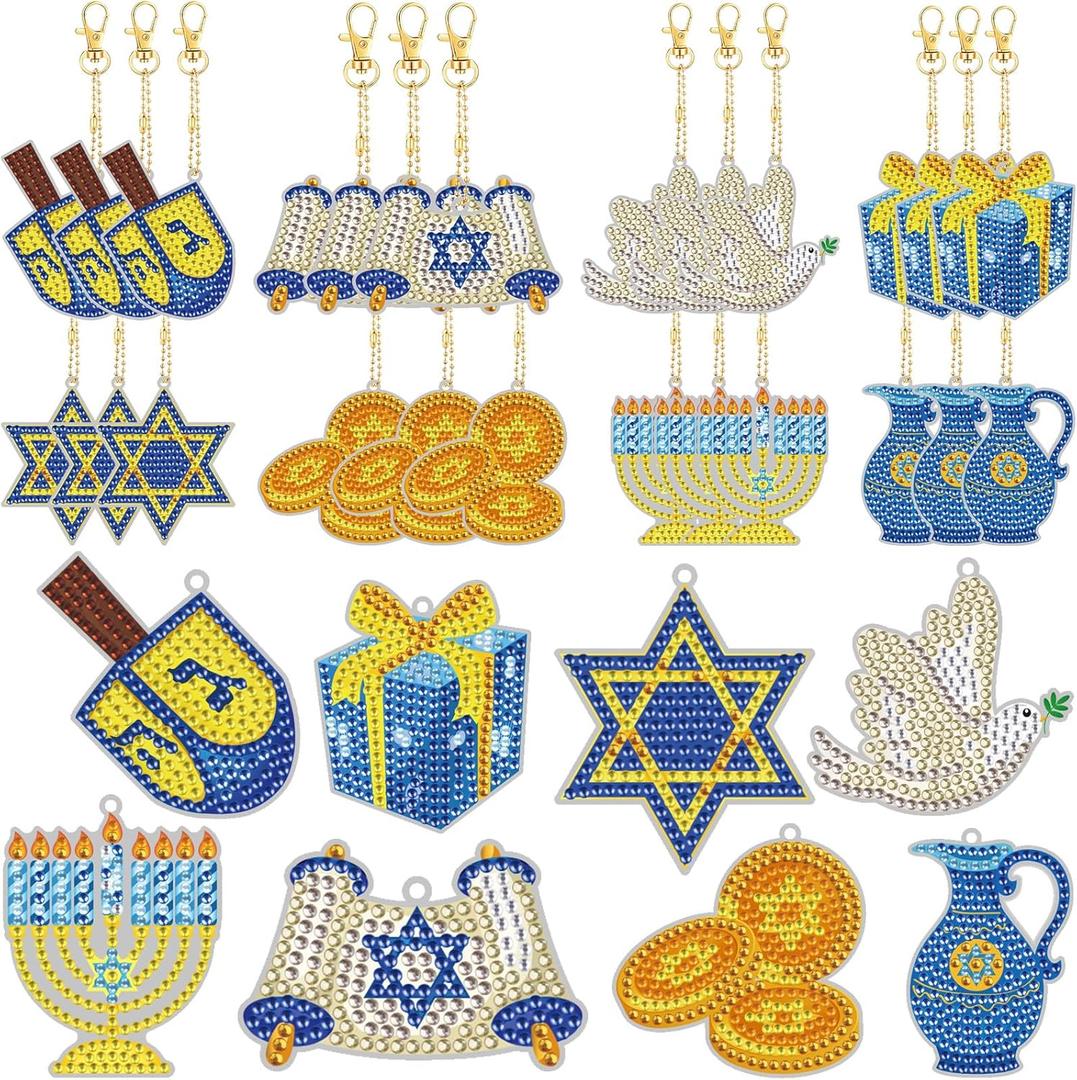 Cinrobiye 24 Pcs Hanukkah Diamond Painting Keychains Kits Chanukkah 5D DIY Art Pendants Double Sided Hanging Ornaments Rhinestone Mosaic Making Set for Hanukkah DIY Party Favors Decor Supplies
