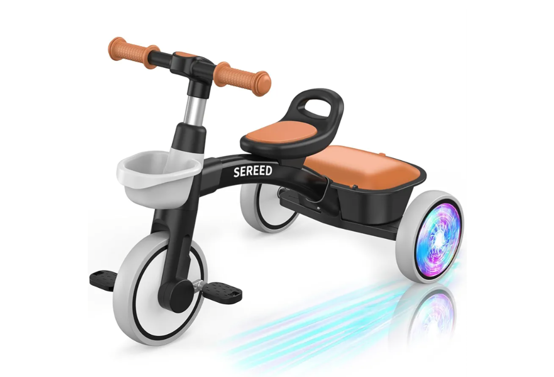 SEREED Colorful Lighting Toddler Tricycle for 2-5 Years Old Boys, Adjustable Seat&Handlebar Trike, Removable Basket, Birthday Gift Idea for Kids Ages 2+ (Black)