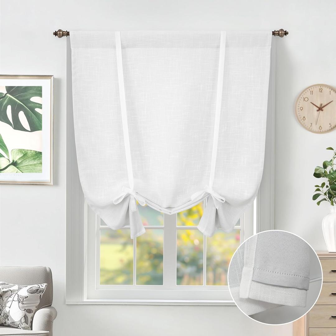 DriftAway Double Layer Linen Blackout Tie Up Curtains Thermal Insulated Fully Lined Balloon Roman Shade Bathroom Window Adjustable Rod Pocket for Small Window 45 Inch by 63 Inch White