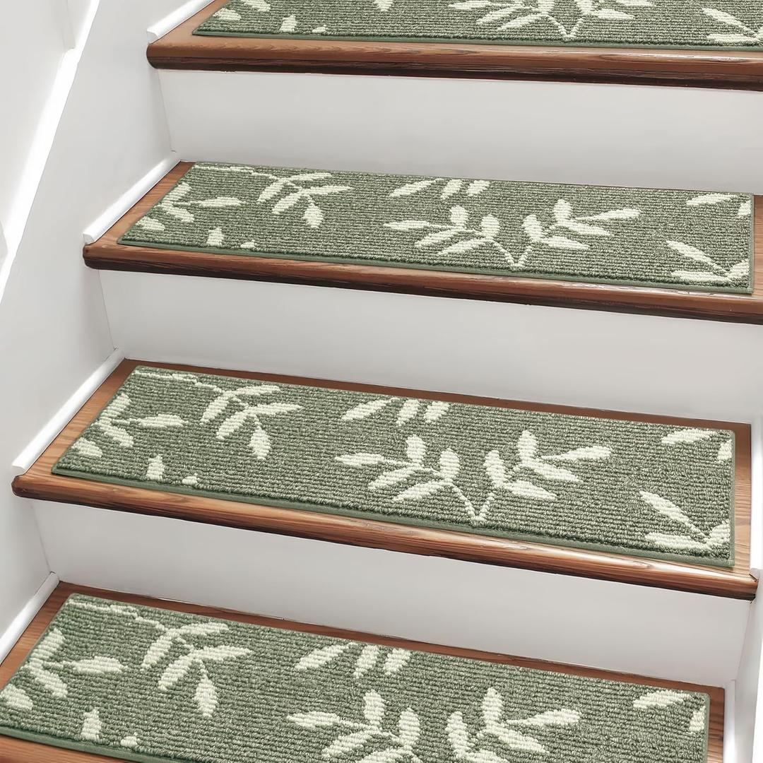Carpet Stair Treads, Non-Slip Stair Treads for Wooden Steps Indoor, 30x8 Stair Runner for Pets Non Skid Wood Staircase Step Treads Reusable, Set of 15, Green