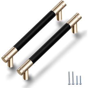 12 Pack 5 Inch 128 mm Knurled Cabinet Handles Cabinet Pulls Aluminum Handles Knurled Drawer Pulls Gold and Black Oxidation Finish with Diamond Pattern 6.2" Length (5" Hole Center)