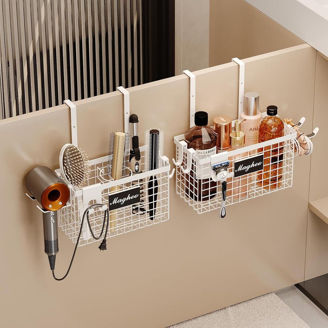 Magheo 2 Pack Hair Tool Organizer,Adhesive Hair Dryer Holder Cabinet Door/Wall Mounted Adjustable Height Blow Dryer Holder Under Sink Bathroom Hair Appliance Organizer and Storage Countertop(White)
