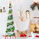 5FT Pop Up Christmas Tree with Lights, Pre Decorated with Ribbons Collapsible Artificial Pencil Christmas Tree with Ornaments, Snowflakes, Xmas Holiday Decor for Home, Apartment, Office, Party