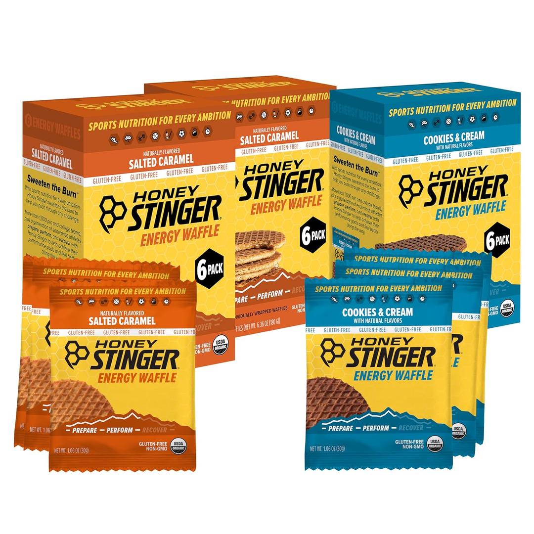 Honey Stinger Organic & Gluten Free Energy Waffle Variety Pack, 12 Salted Caramel and 6 Cookies & Cream Waffles, Nutritious Stroopwafel Snack for Exercise, Endurance and Performance (EXP 07/15/26)