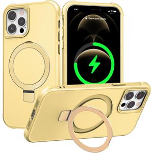 PIXIU Strong Magnetic for iPhone 12/12 Pro case Compatible with Mag-Safe, Built-in Invisible Stand,Military Shockproof Slim Protective Matte Phone Cover for iPhone 12/12 Pro 6.1" -Gold