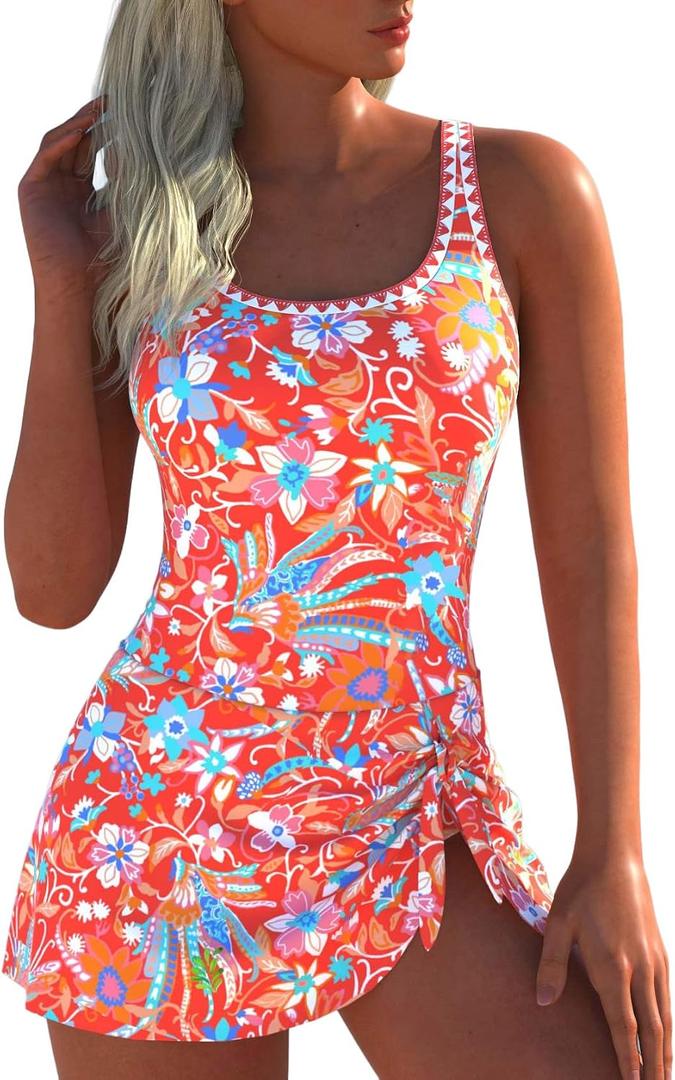 ROSEWE Womens Two-Way Wear One Piece Swimsuits, Tummy Coverage Modest Bathing Suits, Print Swimdress for Summer X-Large, Coral