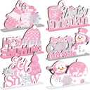 Wonderjune 6 Pcs Winter Wooden Table Decor Snowflake Snowman Wooden Centerpieces Wonderland Decor for Winter It's Snow Theme Xmas Birthday Baby is Cold Outside Party Supplies(Pink)