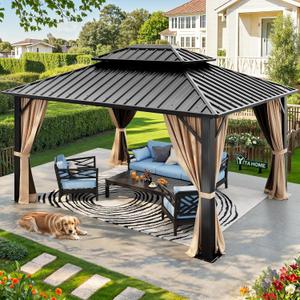 YITAHOME 10X12FT Hardtop Gazebo Double Roof Canopy Galvanized Iron Aluminum Frame Garden Tent Curtains Netting for Patios Backyards Decks Lawns (Brown)