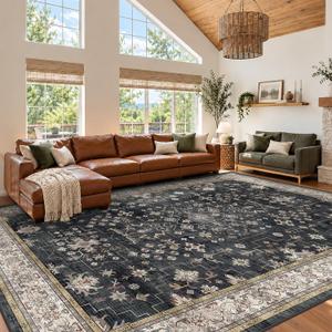 Boho Black Rug for Living Room - Washable 10x12 Area Rug, Dining Room Rugs for Under Table, Soft Low Pile Carpet for Bedroom - Farmhouse Decor, Non-Slip & Stain Resistance