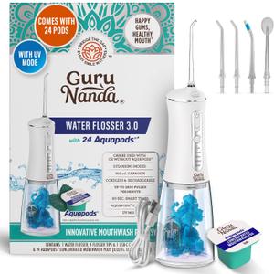 GuruNanda Advanced Dental Water Flosser 3.0 with UV Mode Water Flosser & 24 Aquapods with Mouthwash for Fresh Breath & Plaque Removal, Compact & TSA-Friendly